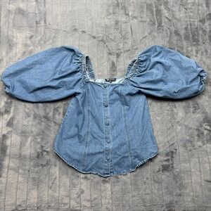 Collection by Cezele Denim Puff Sleeve Button Front Top Blue Medium Wash CY1117